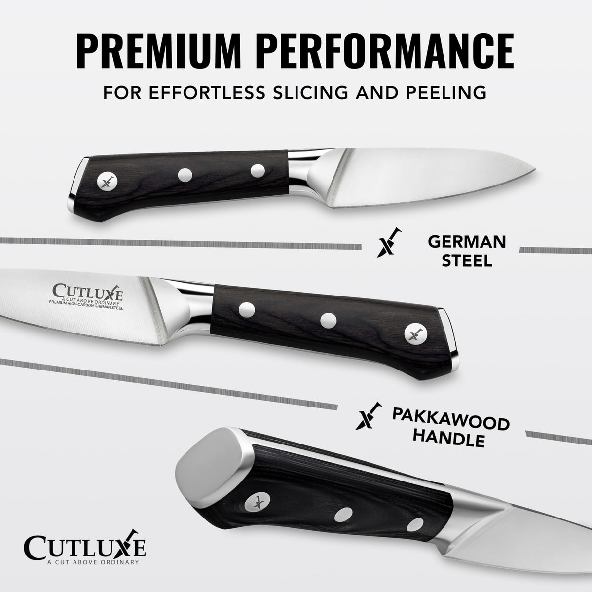 Cutluxe paring knife 4-inch ergonomic handle highlights comfortable grip for easy food prep.