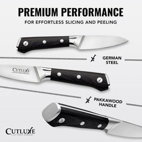 Cutluxe paring knife 4-inch ergonomic handle highlights comfortable grip for easy food prep.