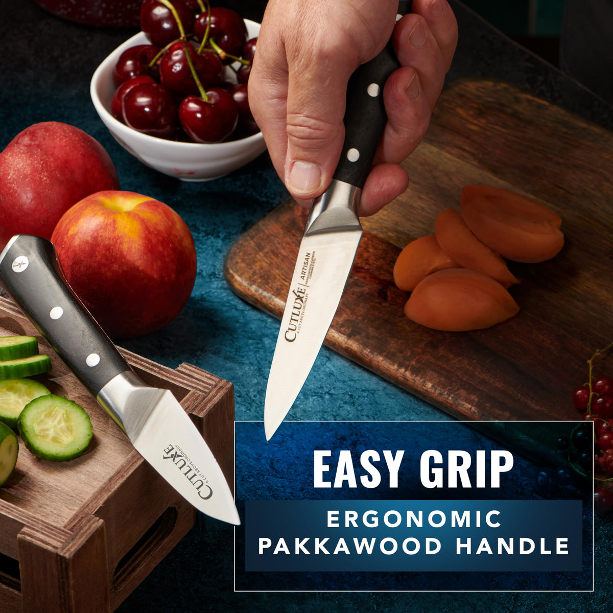 Cutluxe paring knife full-tang construction provides durability and balanced feel.