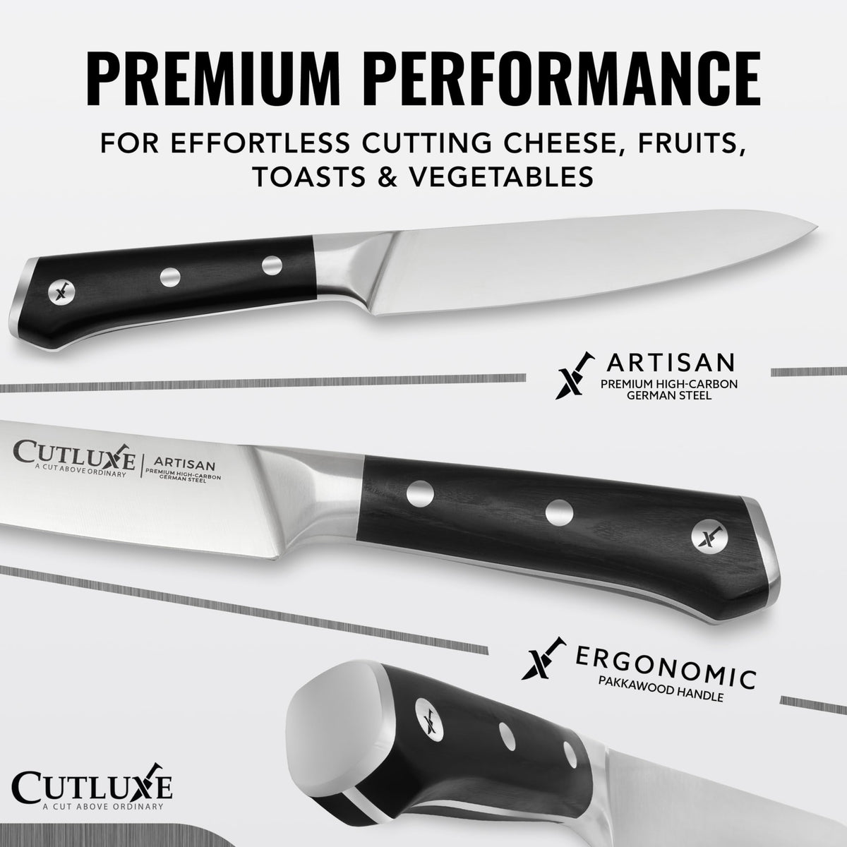 Cutluxe paring knife with full-tang handle provides comfortable control during prep.