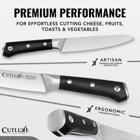 Cutluxe paring knife with full-tang handle provides comfortable control during prep.