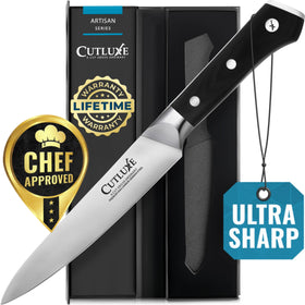Cutluxe paring knife with razor-edge enables precise vegetable slicing.