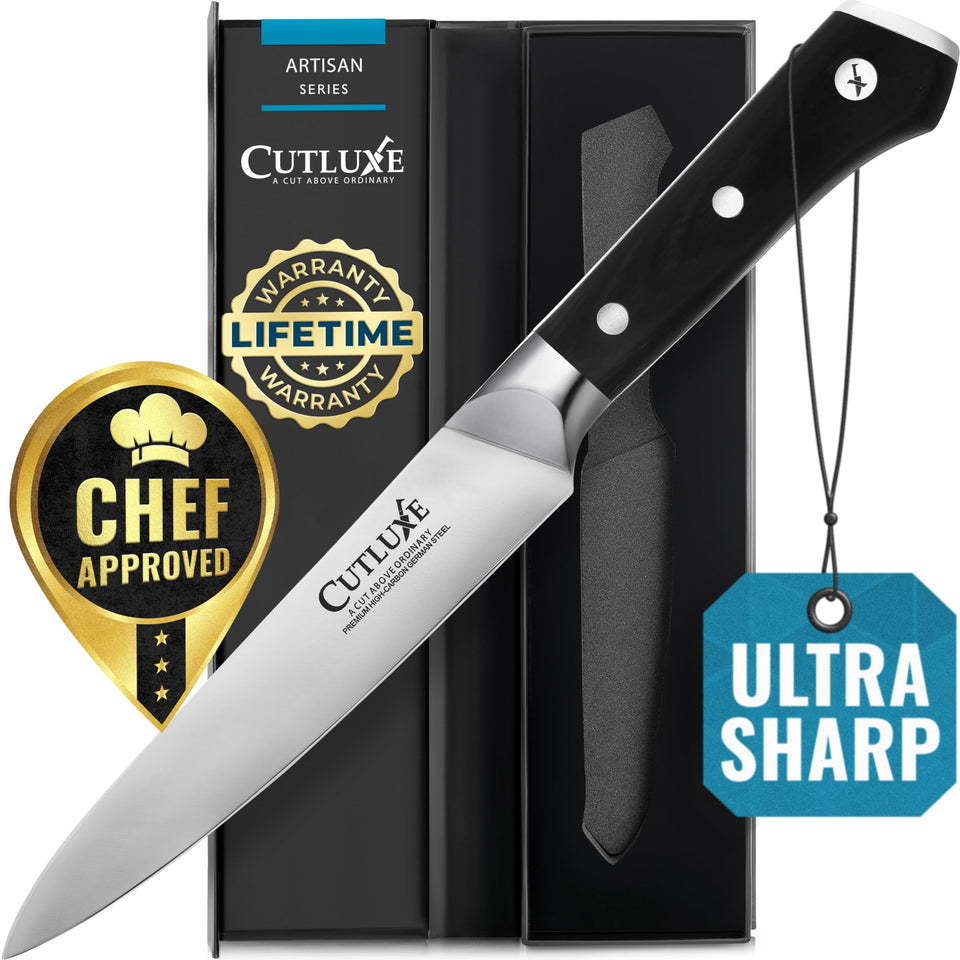 Cutluxe paring knife with razor-edge enables precise vegetable slicing.