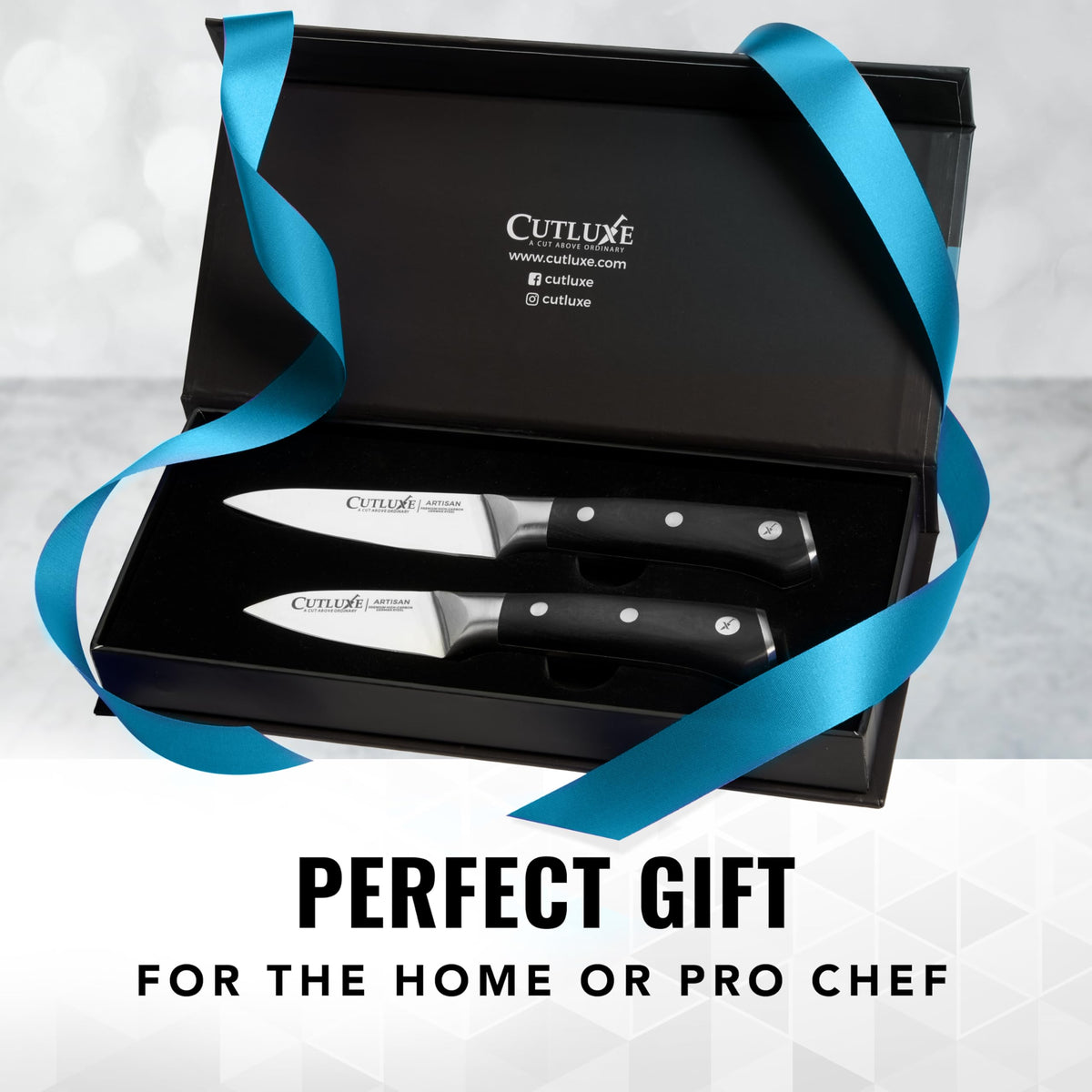 Cutluxe paring set in a kitchen use scenario demonstrates versatile prep tasks.