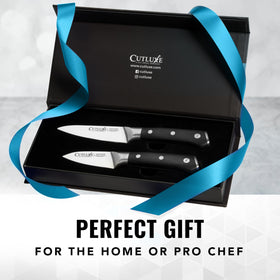 Cutluxe paring set in a kitchen use scenario demonstrates versatile prep tasks.