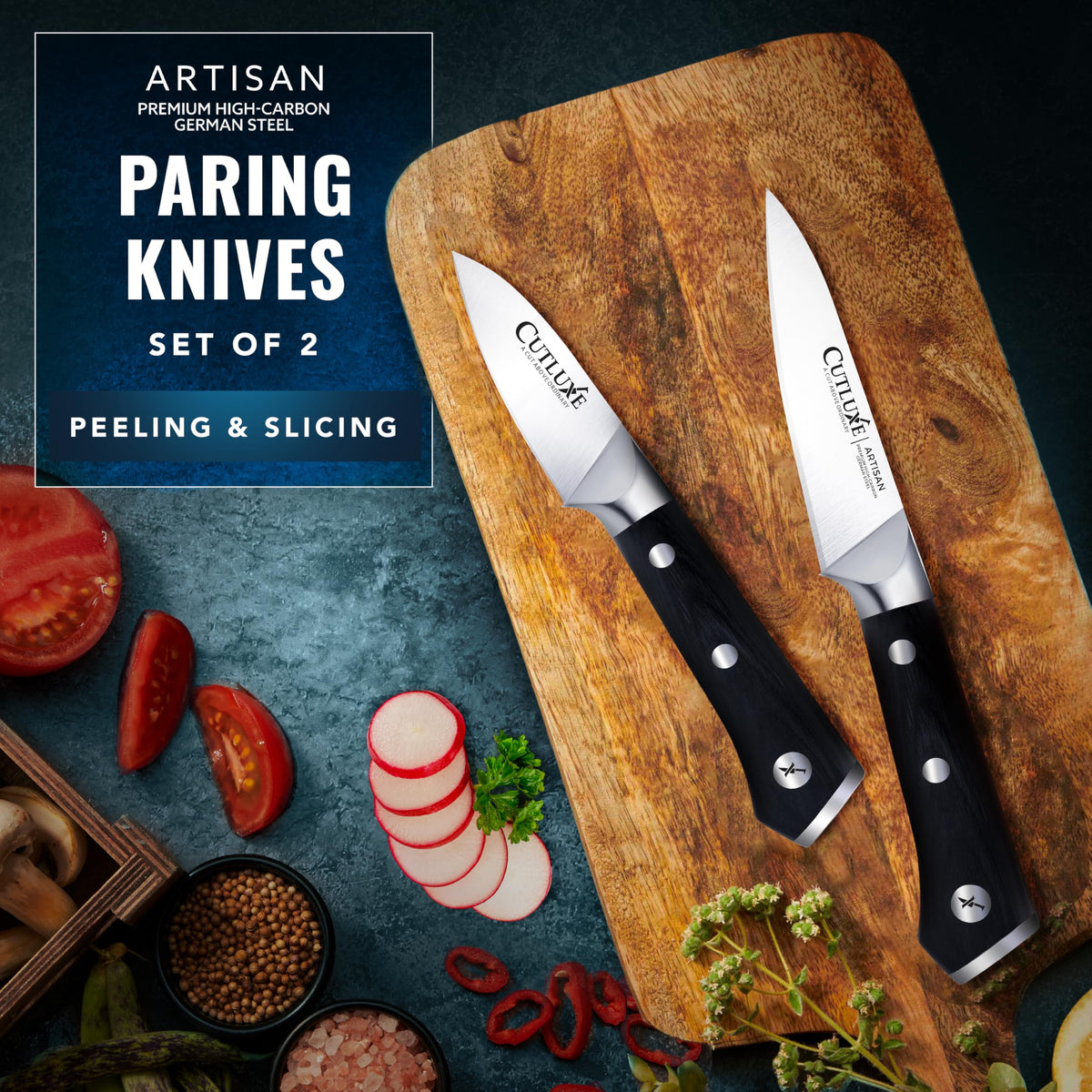Cutluxe peeling knife 3-inch precision tip enables delicate fruit trimming.