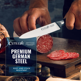 Cutluxe precision edge at 14-16 degrees per side enables clean slicing.