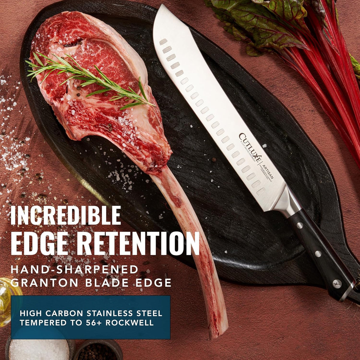 Cutluxe razor-sharp edge supports precision slicing in busy kitchens.