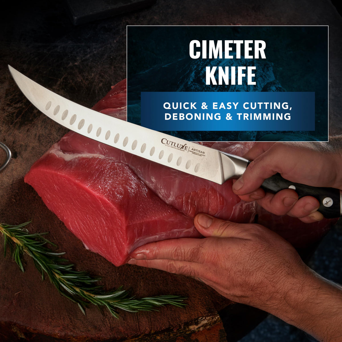 Cutluxe razor-sharp granton edge reduces friction during slicing.