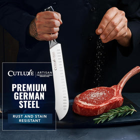 Cutluxe carving knife ideal for trimming and breaking down meat.