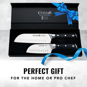Cutluxe Santoku edge bevel detail for sharpness and retention.