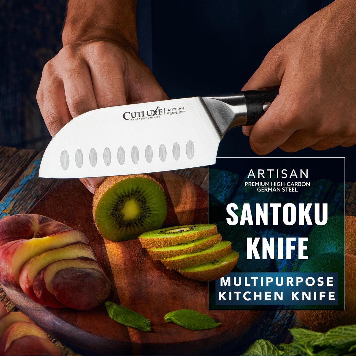 Cutluxe Santoku full tang detail emphasizes sturdy construction.