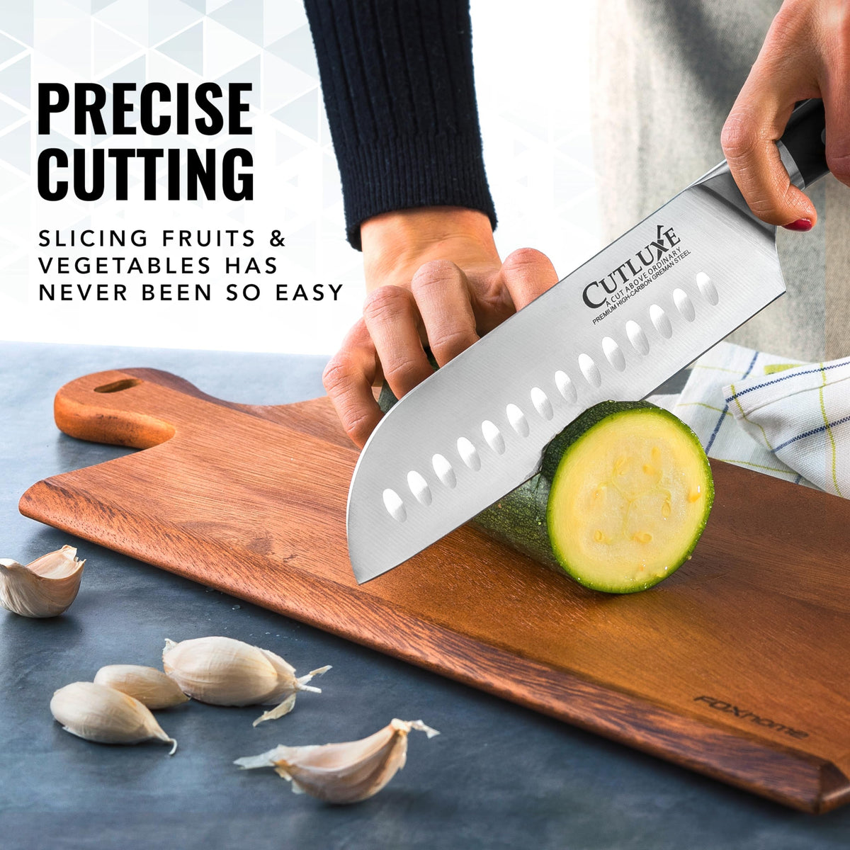 Cutluxe Santoku high-carbon steel 56+ close-up rust resistance.
