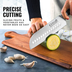 Cutluxe Santoku high-carbon steel 56+ close-up rust resistance.
