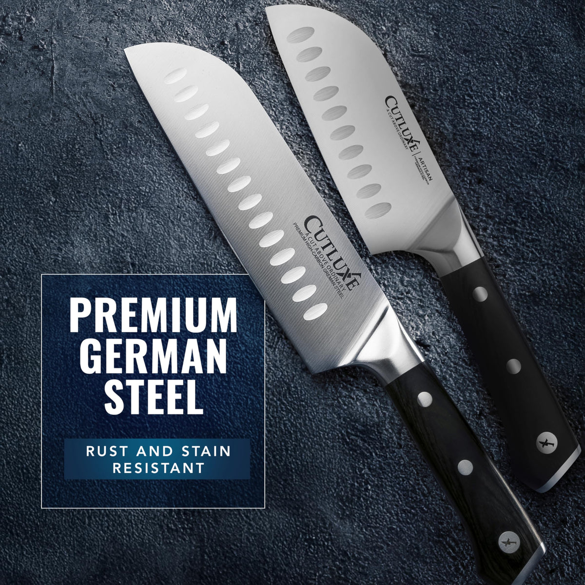 Cutluxe Santoku in-use image showing vegetables being chopped.