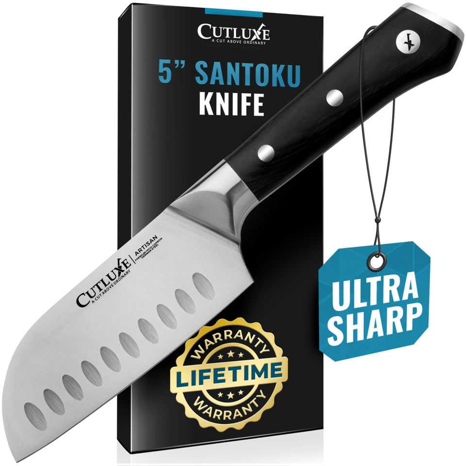 Cutluxe Santoku knife blade close-up showing a sharp edge for precise slicing