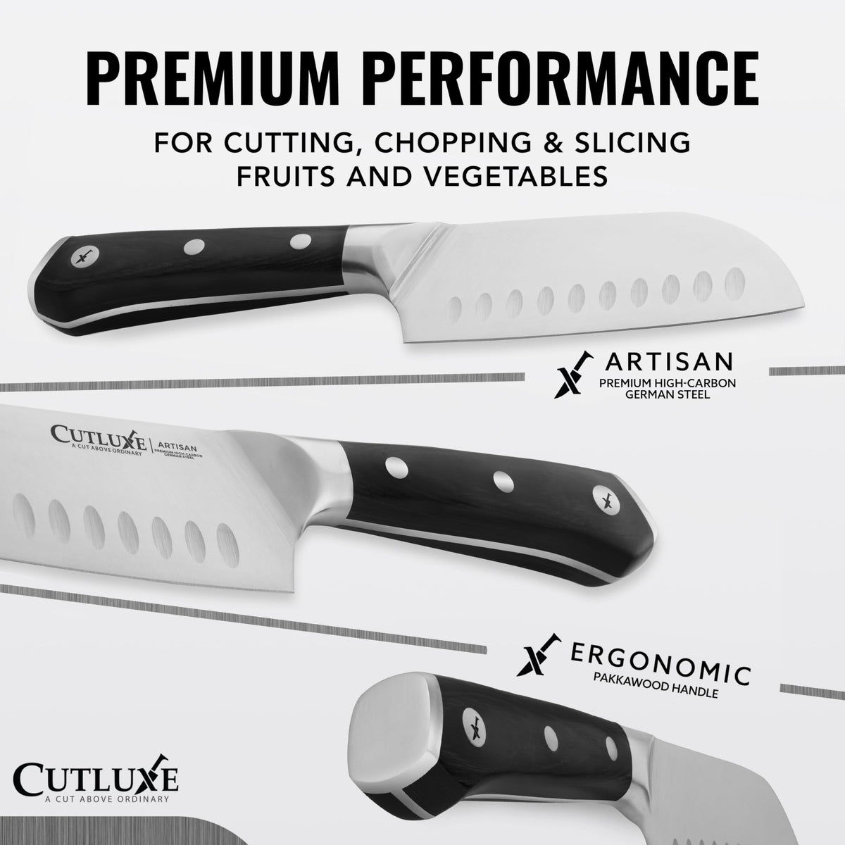 Cutluxe Santoku ergonomic handle designed for a comfortable grip