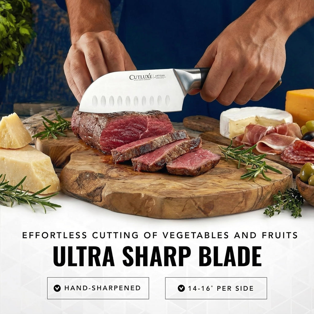 Cutluxe Santoku full tang construction for balanced, durable cutting