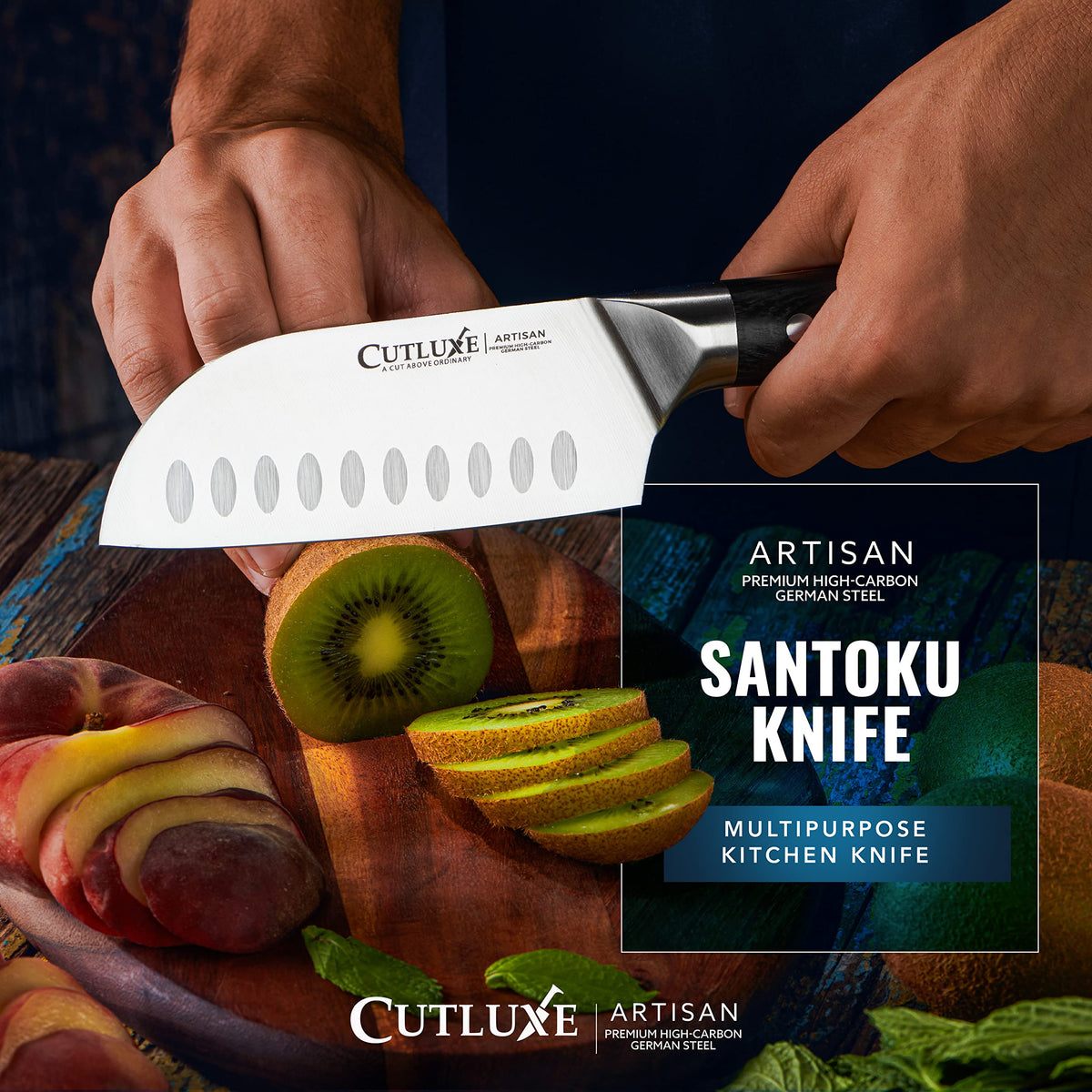 Cutluxe Santoku knife in use chopping vegetables and meat in kitchen