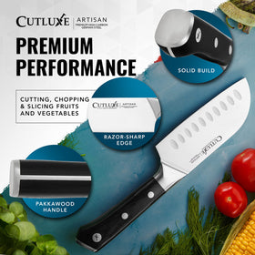 Cutluxe Santoku with lifetime warranty badge indicating durability
