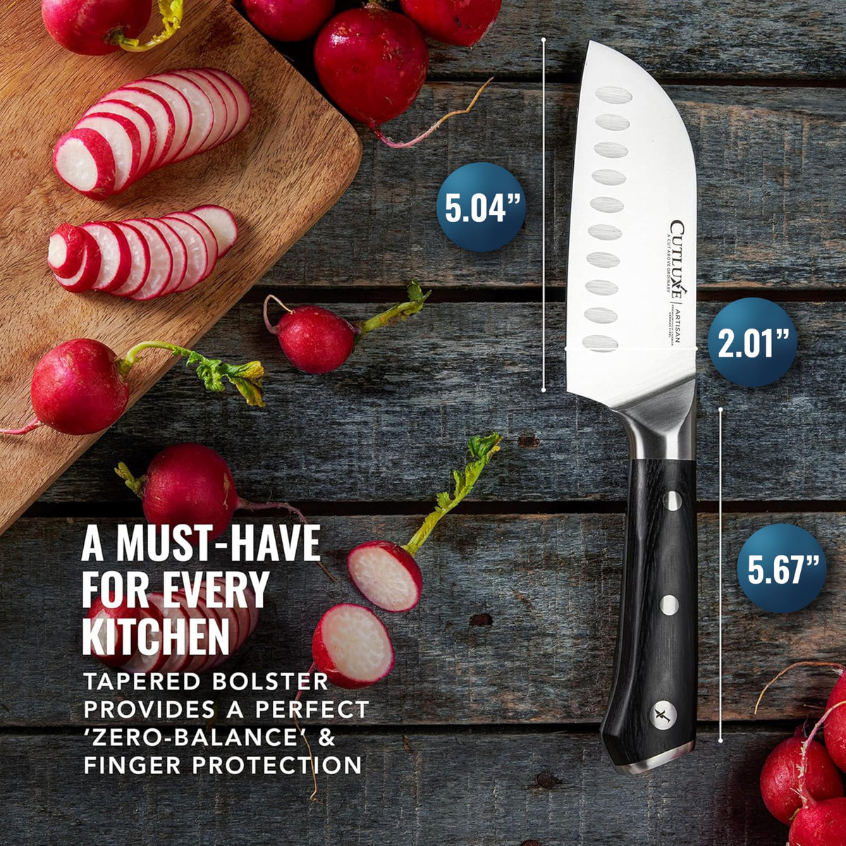 Cutluxe Santoku pakkawood handle for secure grip during prep