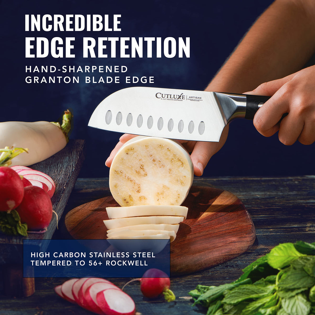Cutluxe Santoku stainless steel blade resists rust and staining