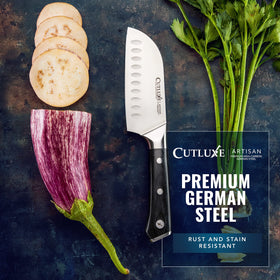 Cutluxe Santoku displayed on wooden block in a home kitchen