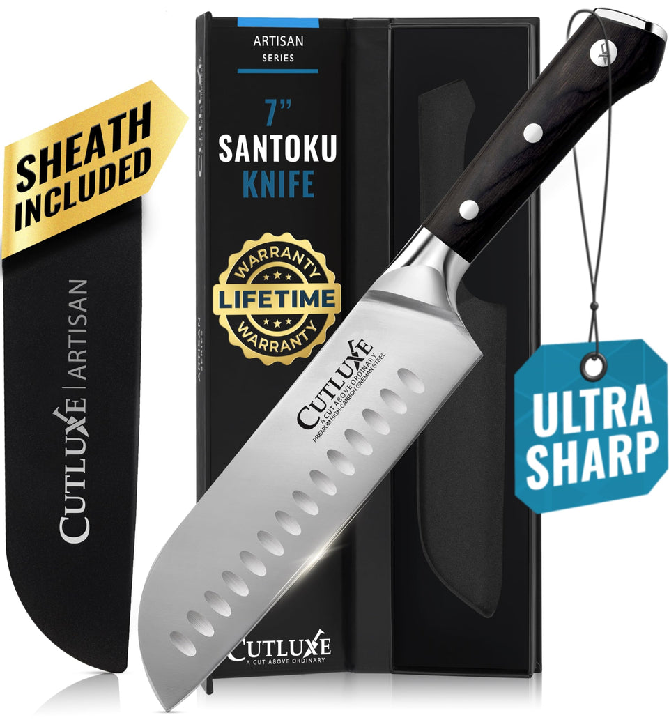 Cutluxe Santoku 7-inch blade for precise vegetable and meat slicing