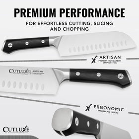 Cutluxe Santoku knife full-tang design shown for balanced control
