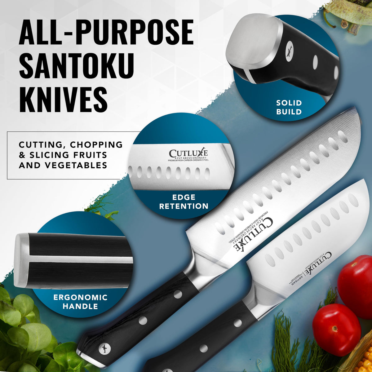 Cutluxe Santoku lifetime warranty label on packaging.