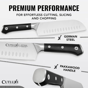 Cutluxe Santoku set 5-inch blade close-up highlights sharp edge for clean mince.