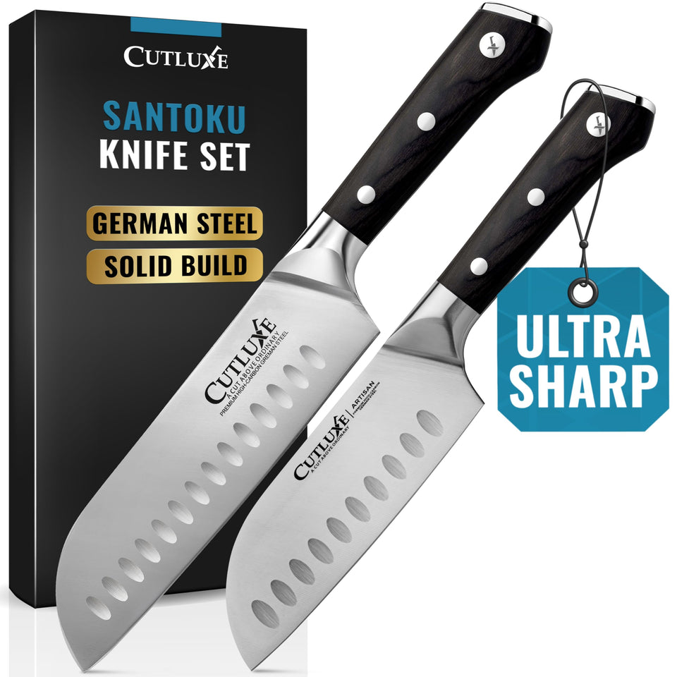 Cutluxe Santoku set 7-inch blade close-up for precise slicing.