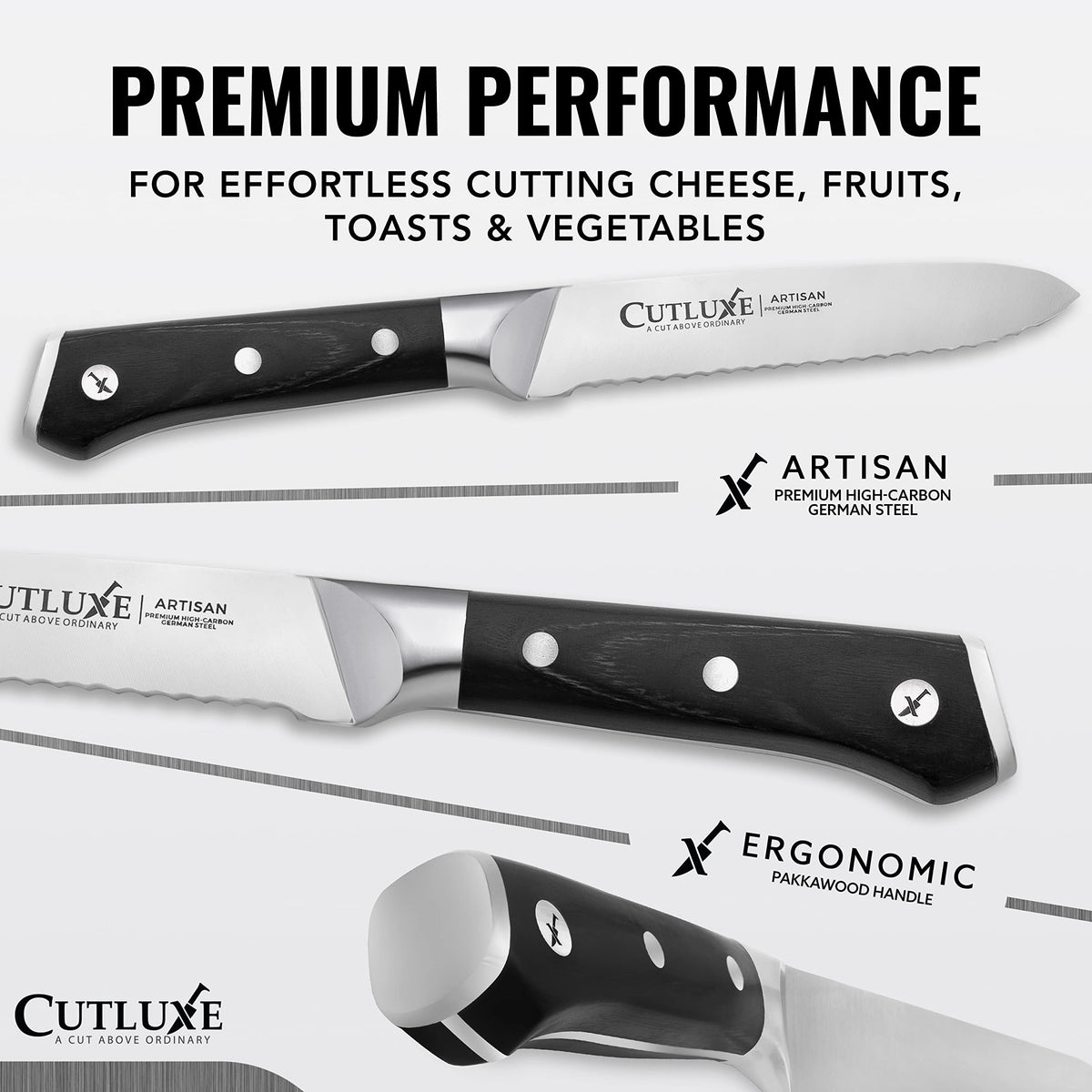 Cutluxe serrated blade edge detail emphasizes precise cutting on produce and bread