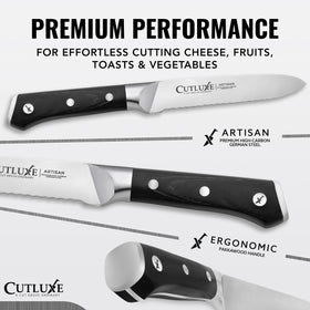 Cutluxe serrated blade edge detail emphasizes precise cutting on produce and bread