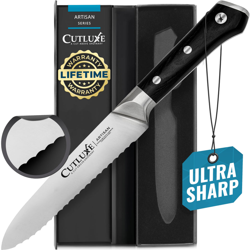 Cutluxe serrated knife 5in tomato close-up shows a sharp edge for effortless slicing