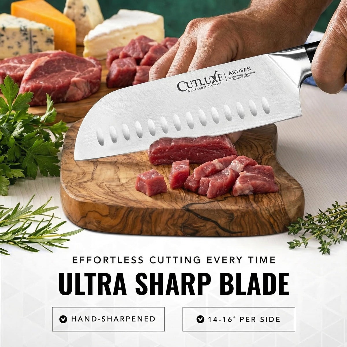 Cutluxe sheath included keeps the blade safe and ready