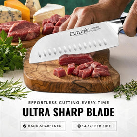 Cutluxe sheath included keeps the blade safe and ready