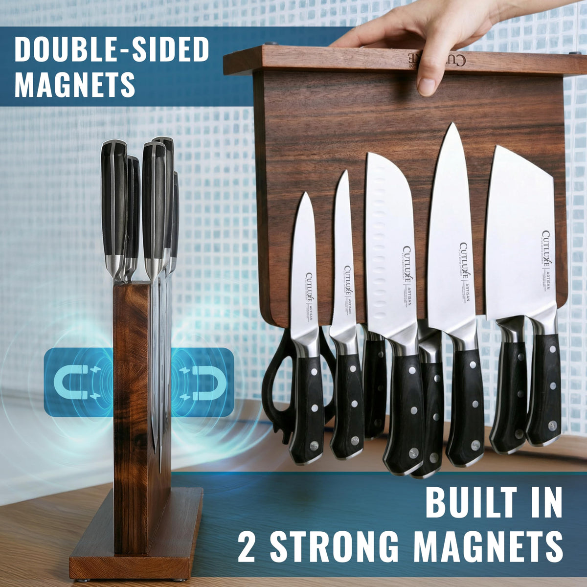 Cutluxe strong magnets securely hold blades for easy access.