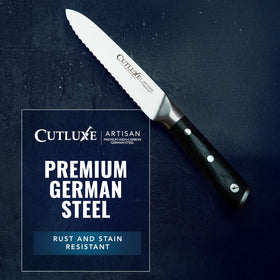 Cutluxe triple-riveted handle for stable control in busy kitchens
