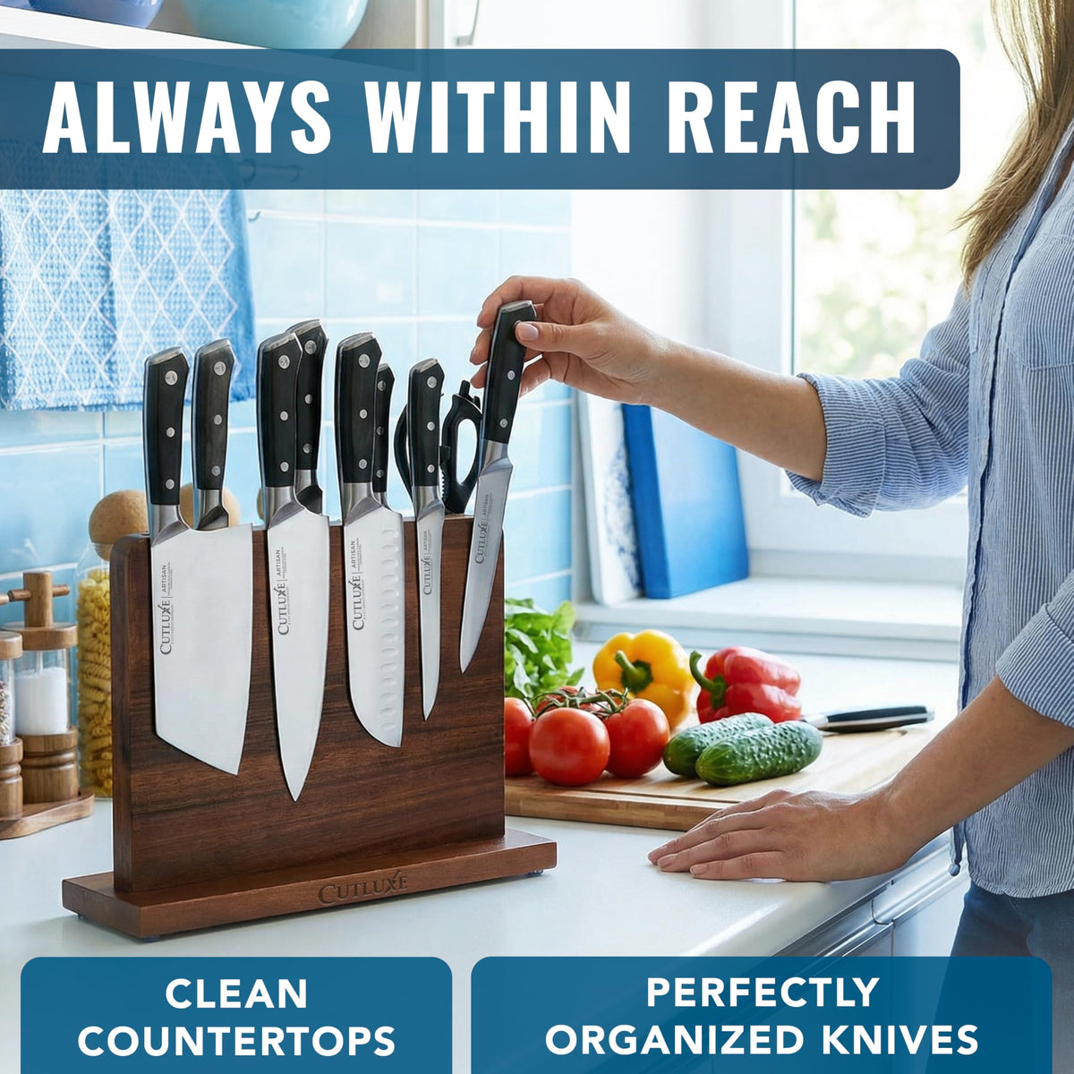 Cutluxe universal-fit knife storage stand fits most knife types.