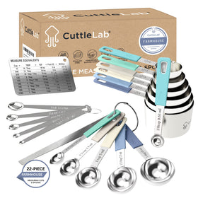 CuttleLab 22-piece set on the counter with color-coded cups for quick identification.