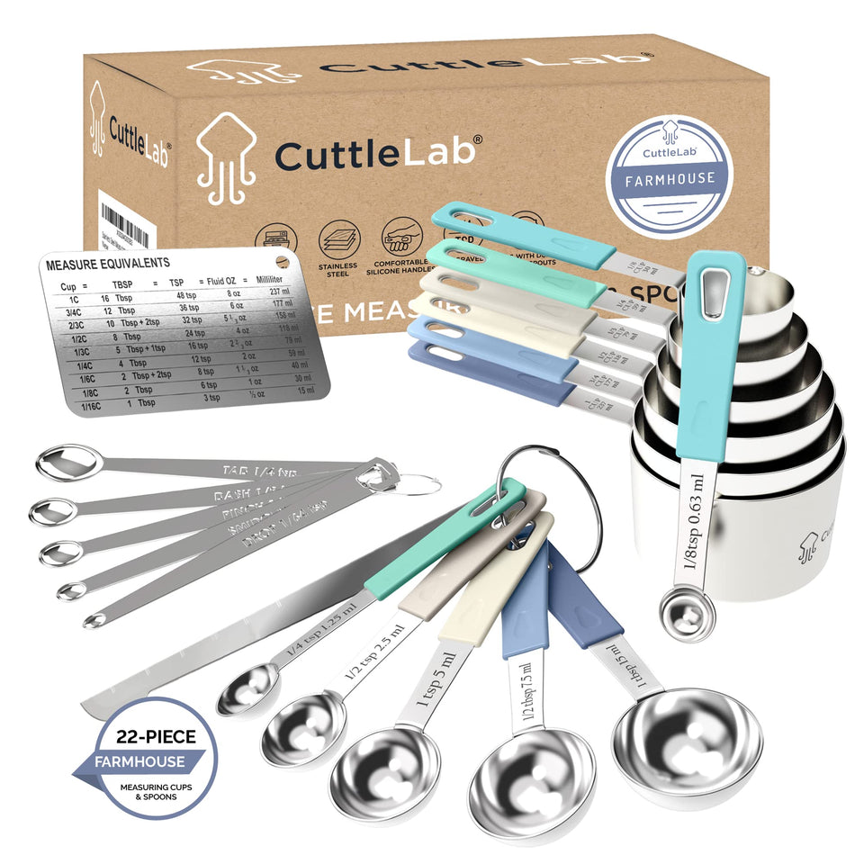 CuttleLab 22-piece set on the counter with color-coded cups for quick identification.