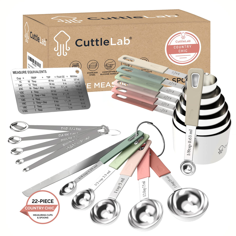 CuttleLab 22-piece measuring cups with flat bottoms for stable countertop use