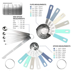 Engraved measurements on cups and spoons aid precise kitchen measuring.