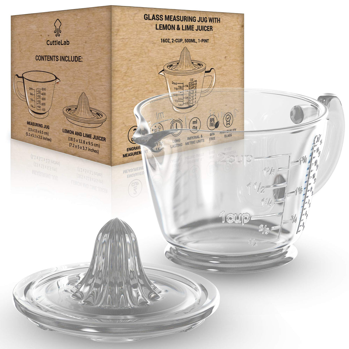 CuttleLab glass 2-cup juicer front view with engraved measurements for precision.