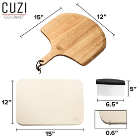 Cuzi Gourmet wood pizza peel 15x12 with ergonomic handle for easy transfer.