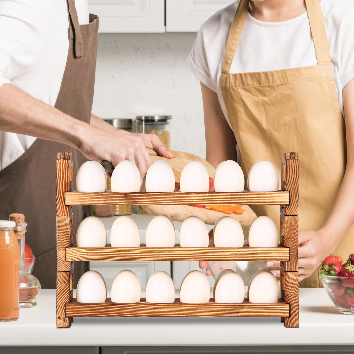 CVHOMEDECO three-tier rack shows ventilated egg storage for fresh eggs on display.