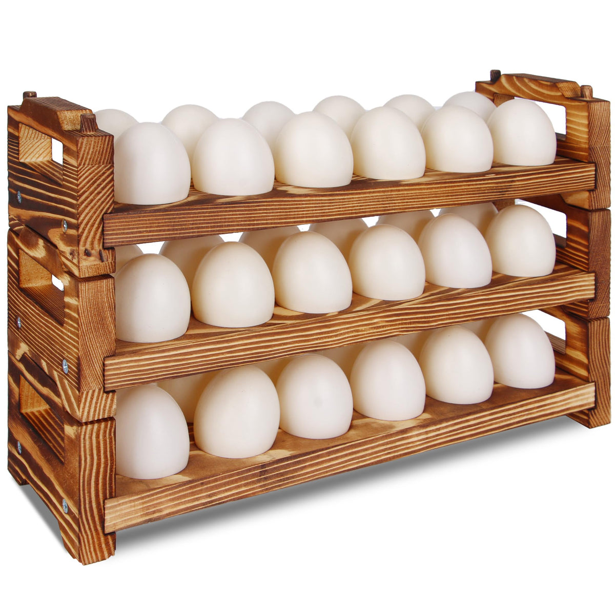 CVHOMEDECO egg holder base with rustic pinewood design keeps counters organized.