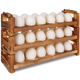 CVHOMEDECO egg holder base with rustic pinewood design keeps counters organized.