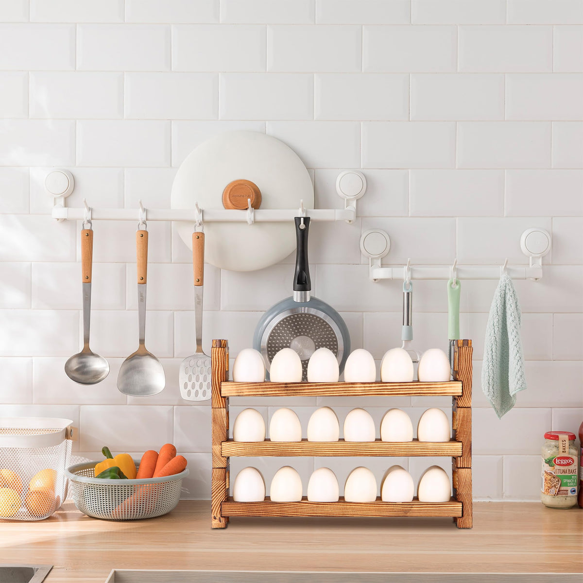 CVHOMEDECO wooden egg holder adds farmhouse flair to kitchen or dining room.